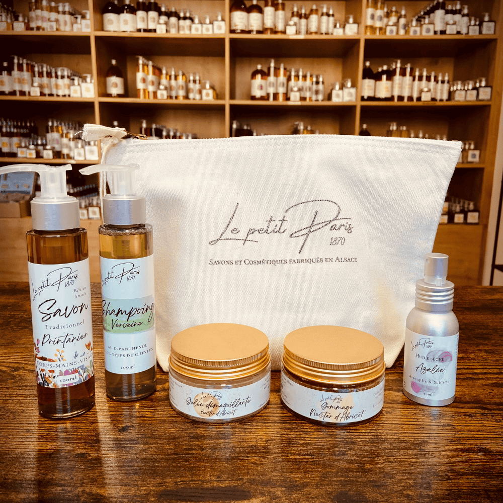 Kit Voyage Le petit Paris savon liquide shampoing huile gommage gelée démaquillante