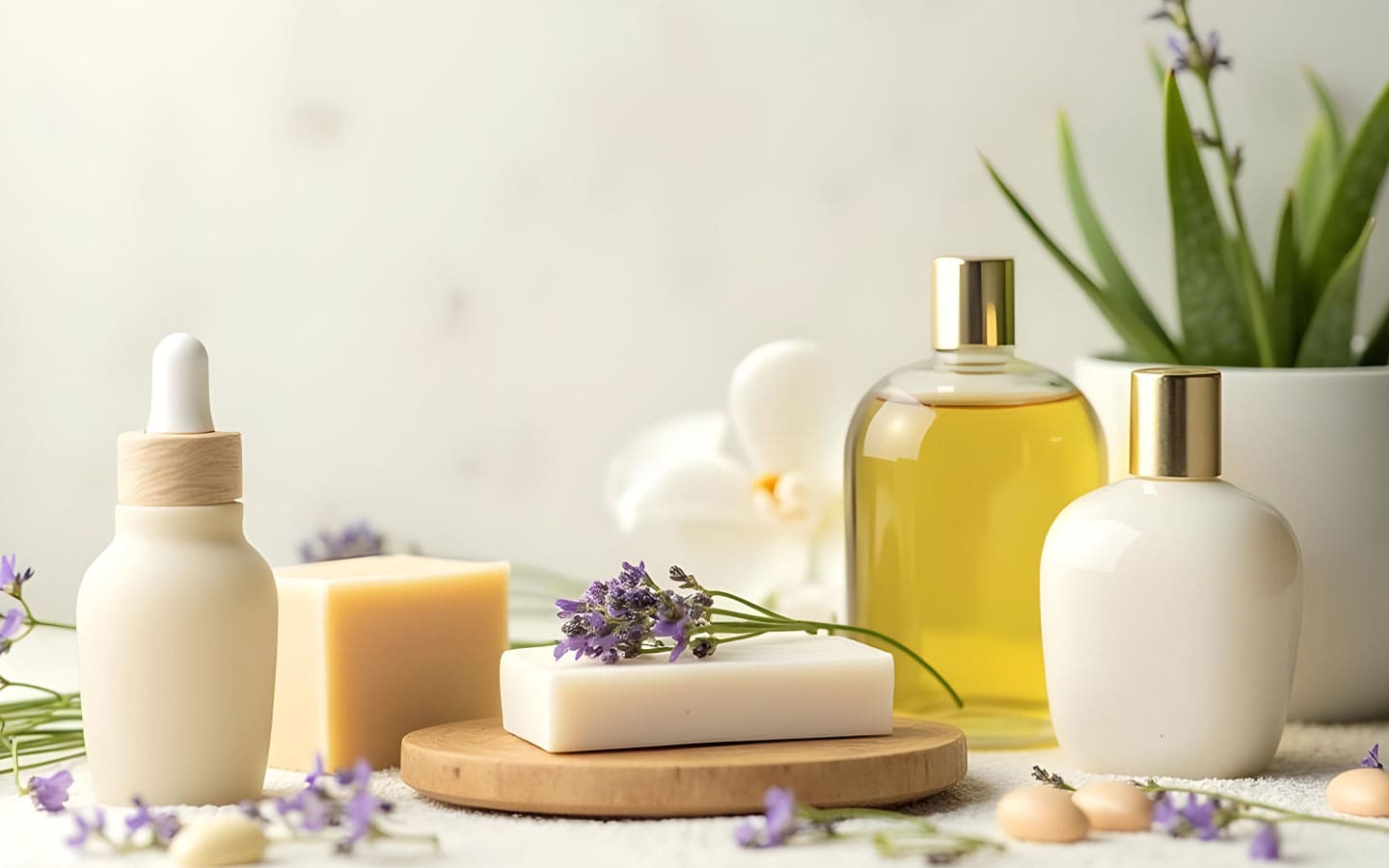 Soins naturels et hydratants pour la peau avec des savons artisanaux, huiles végétales et fleurs délicates