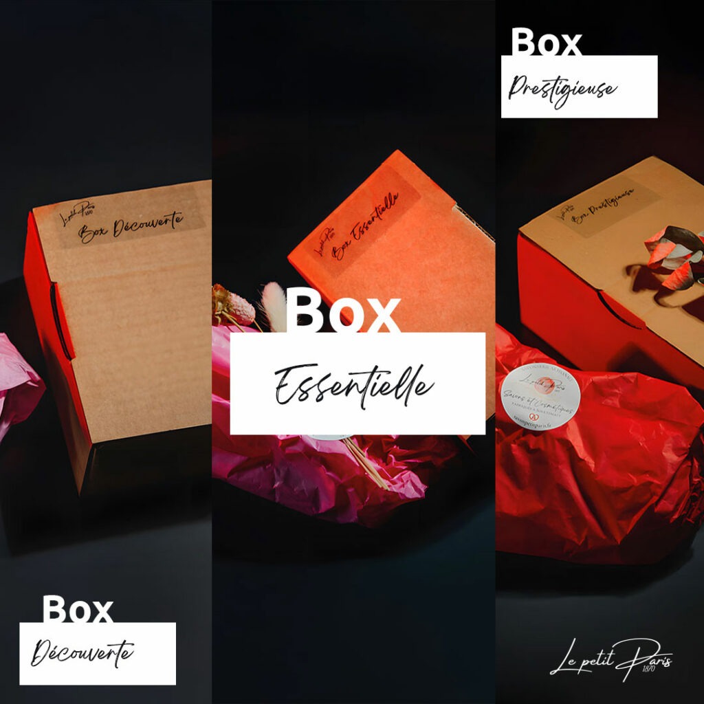 Les trois box d’abonnement Savon Petit Paris : Découverte, Essentielle et Prestigieuse, avec des produits artisanaux et des surprises chaque mois.